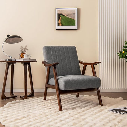 Giantex Mid-Century Modern Accent Chair, Upholstered Comfy Living Room Chair with Arms, Anti-Slip Felt Pads, Wooden Frame Soft Padded Armchair for Living Room Bedroom Office Study, Light Grey