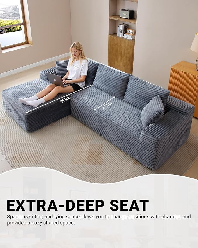 95 Inch Cloud Sectional Couch,Modular Sectional Sofa with Deep Seat,Modern Corduroy Boneless Couches with L-Shape Chaise for Living Room Bedroom,No Assembly Required (Grey, Left Facing Chaise)