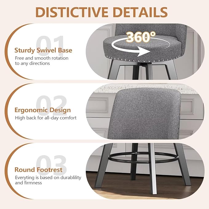MINCETA Bar Stools Set of 2, 26 Inch Upholstered Barstools with High Back and Footrest, Swivel Counter Height Barstools for Kitchen Island Home Bar Gray