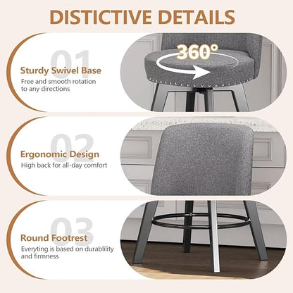 MINCETA Bar Stool, 26 Inch Upholstered Barstool with High Back and Footrest, Swivel Counter Height Barstool for Kitchen Island Home Bar Gray