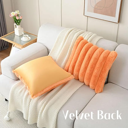 FUTEI Orange Decorative Throw Pillow Covers 20x20 Inch Set of 2, Square Soft Faux Rabbit Fur Thick Striped Cushion Cover,Winter Home Decor for Couch Bed Living Room