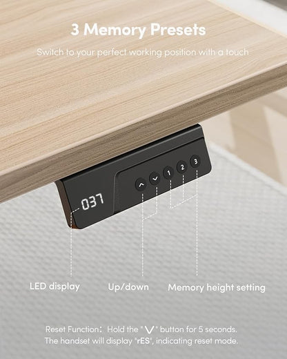 FEZIBO One-Piece Standing Desk Adjustable Height Stand up Home Office Desk, 55x24 Inch Electric Standing Computer Desk, with 4 Memory Presets, Headphone Hook, Light Walnut