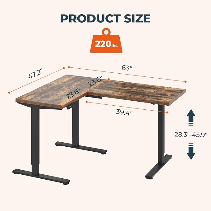 L-Shaped Standing Desk, 63 x 47 Inches Height Adjustable Desk, Sit and Stand up for Work Office Home, Ergonomic Rising Computer Table for Home Office with Splice Board, Rustic Brown