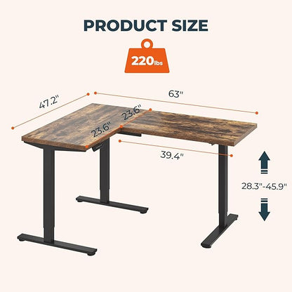 L-Shaped Standing Desk, 63 x 47 Inches Height Adjustable Desk, Sit and Stand up for Work Office Home, Ergonomic Rising Computer Table for Home Office with Splice Board, Rustic Brown
