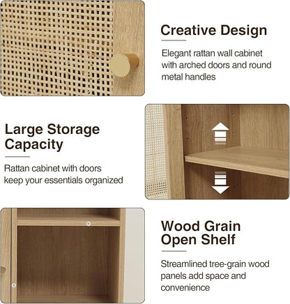 Rattan Bathroom Wall Cabinet, Boho Medicine Wall Cabinet with Double Doors and Adjustable Shelves, Tall Kitchen Wall Mounted Storage Cabinet, Floating Space Saver Over Toilet, Natural