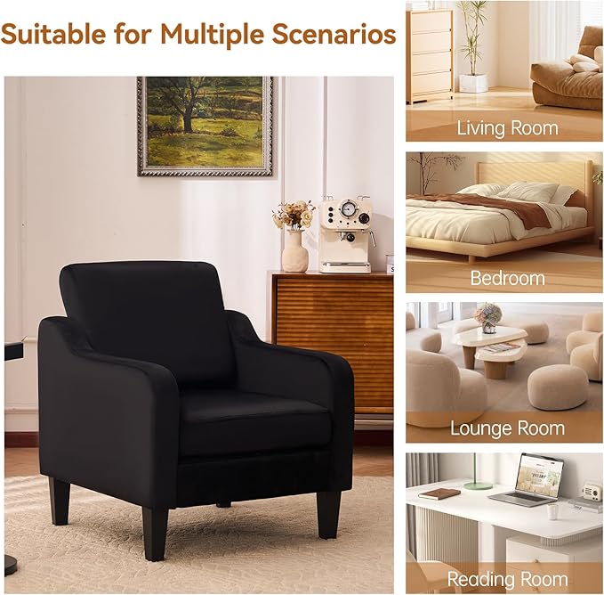 Accent Chair with Soft Armrest, Modern Living Room Chairs, Upholstered Comfy Chair with Cushion, Boucle Pottery Barn Accent Chair Sofa Chair, Single Arm Chair for Waiting Room, Black