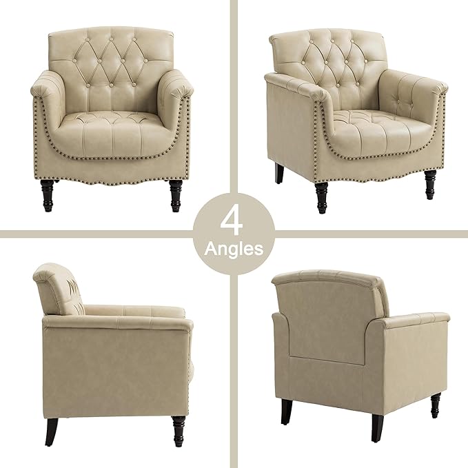 Faux Leather Accent Chairs Set of 4, Upholstered Armchairs with Nailhead Trims & Wood Legs for Living Room, Bedroom, Contemporary Comfy Club Chairs for Office-Beige