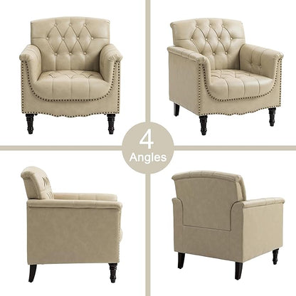 Faux Leather Accent Chairs Set of 4, Upholstered Armchairs with Nailhead Trims & Wood Legs for Living Room, Bedroom, Contemporary Comfy Club Chairs for Office-Beige
