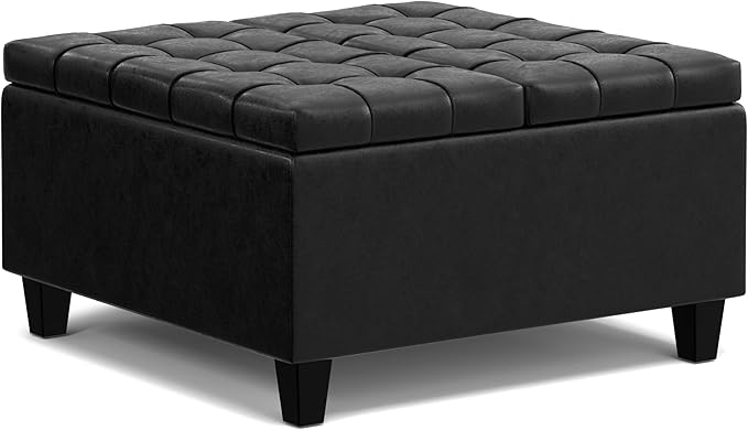 SIMPLIHOME Harrison 30 inch Wide Transitional Square Small Coffee Table Storage Ottoman in Distressed Black Vegan Faux Leather, Assembled, for The Living Room and Bedroom