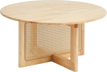 VEVOR Rattan Coffee Table, Round Woven With Rubber Wood Top, 33 in Modern Boho Circular Storage Table With Natural Legs, for Living Room, Bedroom & Small Spaces
