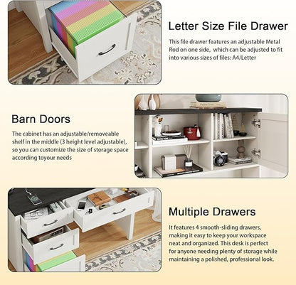 Farmhouse 67" H Executive Desk with Hutch,Computer Desk with 4 Drawers and LED light, Office table with Storage Cabinet & File Drawers and Charging Station, Wood Workstation for Home Office and Study