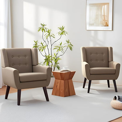 HUIMO Living Room Accent Chair Set of 2, Upholstered Button Tufted Armchair with Wooden Legs, Linen Fabric Sofa Chairs for Bedroom, Living Room, Mid-Century Modern Comfy Reading Chair (2 PCS, Brown)