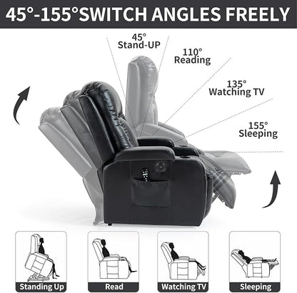 PELUMY Manual Lift Recliner Chair for Elderly with Massage & Heat, Oversized Heavy Duty 350 lbs Recliner with Cup Holders & USB Ports, Infinite Positioning Lift Chair (Breathable Leather, Black)