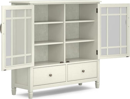 SIMPLIHOME Connaught SOLID WOOD 46 inch Wide Traditional Tall Storage Cabinet in Antique White for the Living Room, Entryway and Family Room