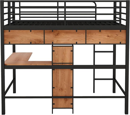 Full Size Metal & Wood Loft Bed with L -Shaped Desk and Shelves,Bedroom Multifuncational Bed Frame w/Guardrails & No Box Spring Required,for Adult Kid Boy Girl,Black+Brown