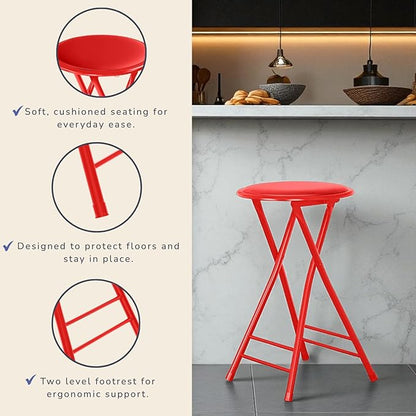 Lavish Home Folding Stool Set - Set of Two 24-Inch Padded Stools with 225lb Capacity for Kitchen, Dorm, or Rec Room - Portable Stools for Adults - Collapsible Sitting Stool Set for Seating (Red)