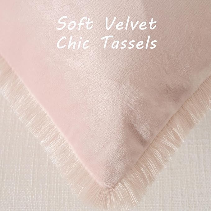 FUTEI Pink Velvet Decorative Throw Pillow Covers 16x16 Set of 2,Soft Cozy Edge with Tassels Cushion Case,Boho Modern Home Decor for Couch Bed Living Room
