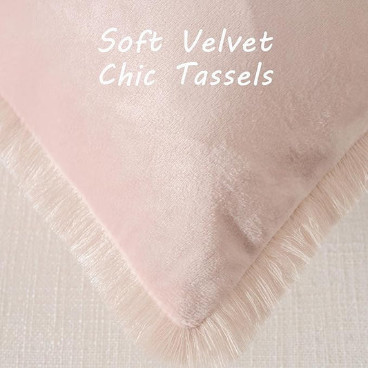 FUTEI Pink Velvet Decorative Throw Pillow Covers 16x16 Set of 2,Soft Cozy Edge with Tassels Cushion Case,Boho Modern Home Decor for Couch Bed Living Room