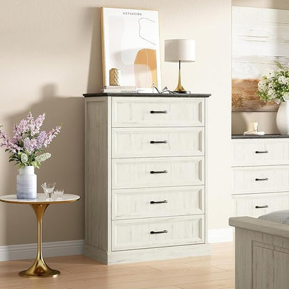 CARPETNAL Farmhouse Dresser and Nightstand Sets for Bedroom, 4 Pcs Bedroom Set, 5 Drawer & 6 Drawer Dresser and Nightstand Set of 2, Wood Chest of Drawers for Living Room, Entryway, White