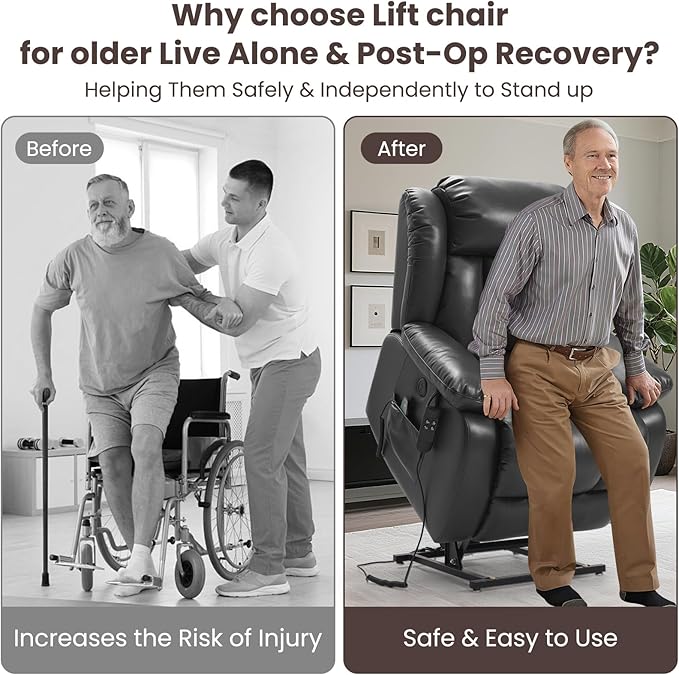 PARKOL Dual Motor Power Lift Recliner Chair for Elderly, 180-Degree Infinite Position Lay Flat Leather Recliner Chairs, with Massage and Heating, USB & Type-C Port and Remote (Sliver Gray, Medium)