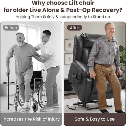 PARKOL Dual Motor Power Lift Recliner Chair for Elderly, 180-Degree Infinite Position Lay Flat Leather Recliner Chairs, with Massage and Heating, USB & Type-C Port and Remote (Sliver Gray, Medium)