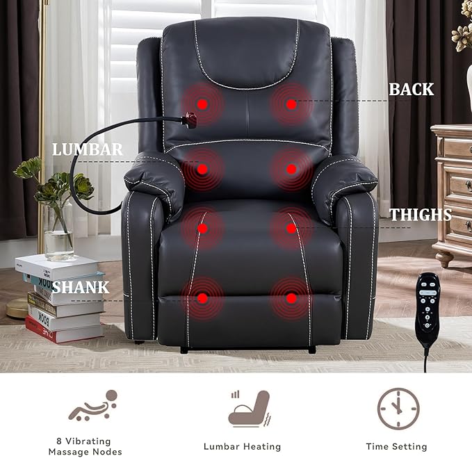 Zero Gravity Power Recliner Chairs for Adults 139°Single Sofa Chair Massage and Lumbar Heating with USB Port, Phone Holder, Side Pocket, Eco Leather(Black)