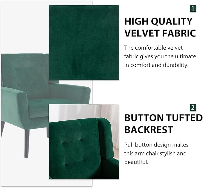 Dolonm Midcentury Modern Velvet Accent Chair with Arms, Upholstered Reading Side Chair Tufted Back Decorative Wingback Chair for Living Room Bedroom (Retro Green)