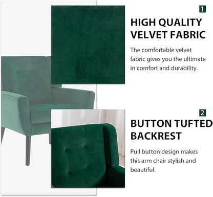 Dolonm Midcentury Modern Velvet Accent Chair with Arms, Upholstered Reading Side Chair Tufted Back Decorative Wingback Chair for Living Room Bedroom (Retro Green)