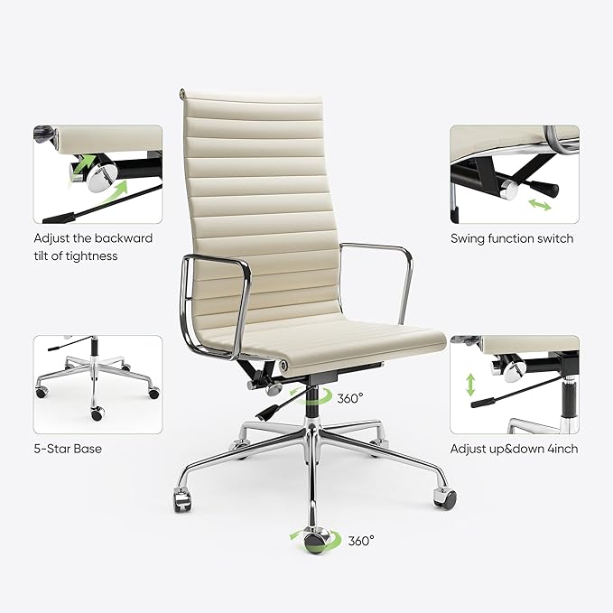 Ribbed Office Chair with Top Grain Leather - High Back Ergonomic Desk Chair with Aluminum Arms & Frame, Swivel Wheels & Tilt Function, Adjustable Height