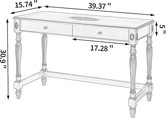 Solid Wood Computer Writing Desk with 2 Big Drawers 39.4" Wide Home Office Desk Workstation Small Rustic Study Table Furniture in Cherry for Home Office Bedroom Living Room, SSZ-1533WD