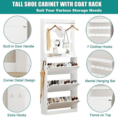 Shoe Cabinet for Entryway with 3 Flip Drawers, White Tall Wood Shoe Storage Cabinet with Coat Rack, Narrow Hidden Slim Freestanding Shoe Rack Organizer, 2 in 1 Hall Tree for Living Room, Hallway