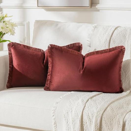 FUTEI Burgundy Velvet Decorative Throw Pillow Covers 12x20 Set of 2,Soft Cozy Edge with Tassels Lumbar Pillow Cases,Boho Modern Home Decor for Couch Bed Living Room