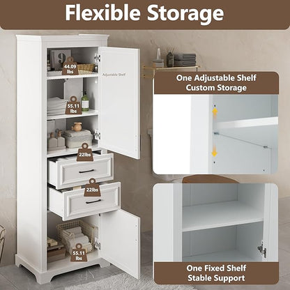 Tall Freestanding Storage Cabinet with 2 Doors & 2 Drawers, Multi-Purpose Organizer with Adjustable Shelf for Bathroom, Office, Living Room, White