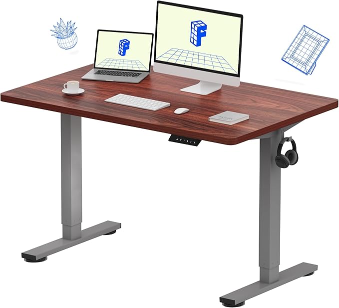 FLEXISPOT EN1 One-Piece Adjustable Stand Up Desk - 48 x 30 Inches Electric Standing Desk with Seamless Desktop (Silver Frame + Mahogany Top, 2 Packages)