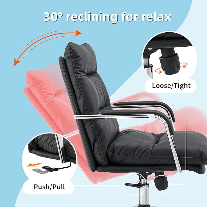 Leather Home Office Desk Chair, Executive Comfy Desk Chair with Support Armrests, Swivel Wheels, Height Adjustable, Mid Back, 360 Swivel, Computer Chair for Office Room, Black