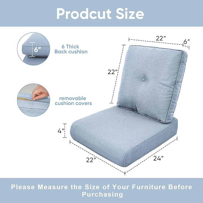Outdoor Chair Cushions 3 Packs - Outside High Back Thick Water-Resistant Cushion 22x24 with Zipper Cover for Patio Glider Rocking Chairs Loveseat Couch – Baby Blue/Buckle