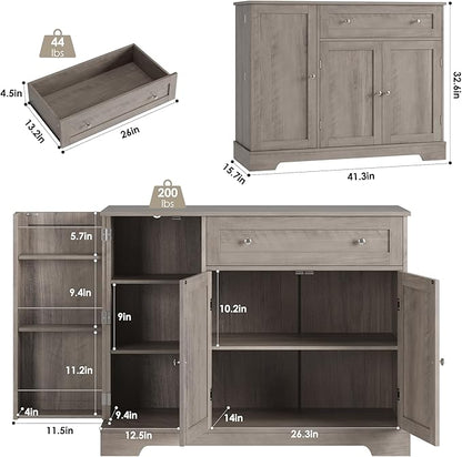 HOSTACK Buffet Cabinet with Storage, Modern Sideboard Buffet with Doors, Wood Coffee Bar Kitchen Storage Cabinet with Drawer and Adjustable Shelf for Kitchen, Dining Room, Living Room, Ash Grey