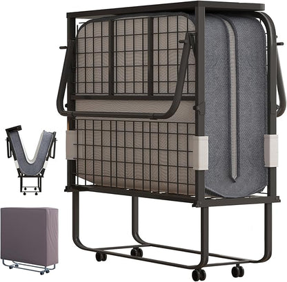 Mjkone Folding Bed with Mattress, Rollaway Bed for Adults with Headborad & Dustproof Bag, 5 Inch Portable Fold Up Bed for Guests with Casters, Foldable Frame, Space Saving for Bedroom（75" x 46"）