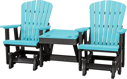 DutchCrafters Slat Fan Back Double Poly Adirondack Glider Outdoor Patio Chairs with Center Table (Black & Aruba Blue)