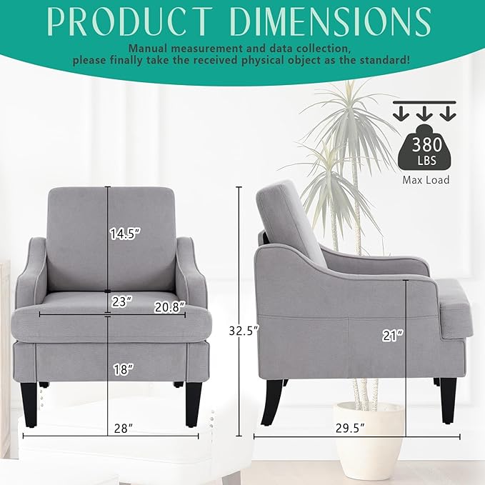 Modern Accent Chair for Bedroom Upholstered Reading Chair w/Side Pockets Comfy Living Room Chairs Living Room Armchair for Office Apartment (Grey)