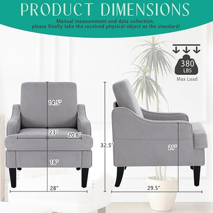 Modern Accent Chair for Bedroom Upholstered Reading Chair w/Side Pockets Comfy Living Room Chairs Living Room Armchair for Office Apartment (Grey)