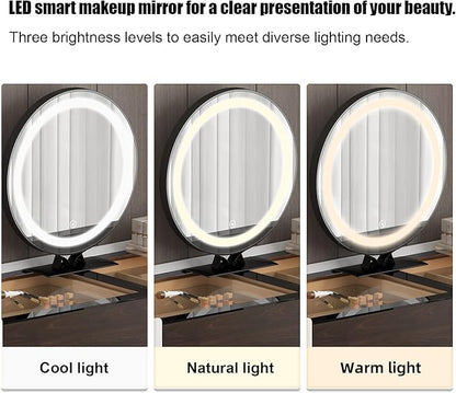 Makeup Vanity Desk with HD Lighted Mirror, 47-Inch Modern Vanity Desk with Mirror and Lights, Featuring 2 Drawers, Lacquer Finish, and Tempered Glass Top for Bedroom (2)
