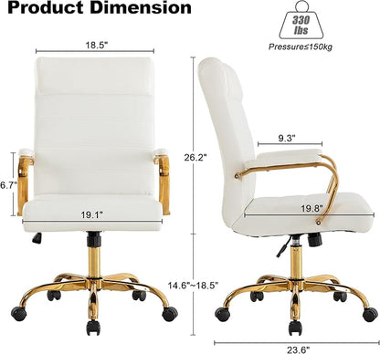 White and Gold Office Desk Chair, Modern Leather Conference Room Chairs, High Back Ergonomic Home ofiice Chair, Adjustable Height Swivel Executive Computer Chair with Padded Seat and Armrest