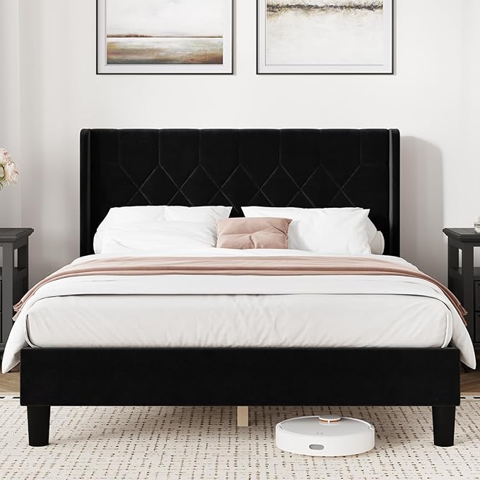 Novilla Queen Size Bed Frame, Queen Bed Frame with Headboard, Velvet Upholstered Pull-Point Wing Side Headboard, No Box Spring Needed, Heavy Duty Feet, Easy Assembly, Black Velvet