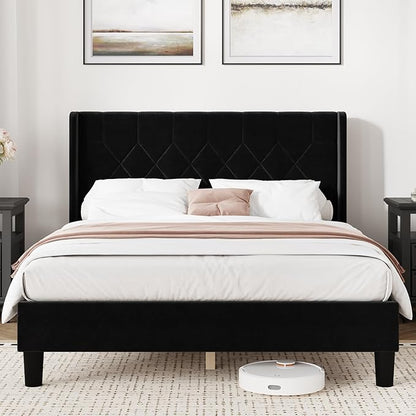 Novilla Full Size Bed Frame, Full Bed Frame with Headboard, Velvet Upholstered Pull-Point Wing Side Headboard, No Box Spring Needed, Heavy Duty Feet, Easy Assembly, Black Velvet