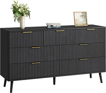 CARPETNAL Fluted 7 Drawer Dresser for Bedroom, 55" Wide Wooden Chest of Drawers with Rounded Corners, Gold Handles, Modern Storage Organizer for Bedroom, Hallway(Black)