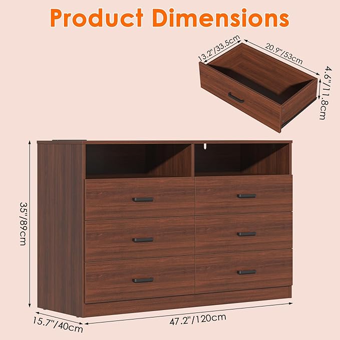 Bigbiglife Dresser for Bedroom, 6 Drawer Dresser with Charging Station and Led Light, Modern Chest of Drawers for Bedroom, Living Room (Walnut Brown)