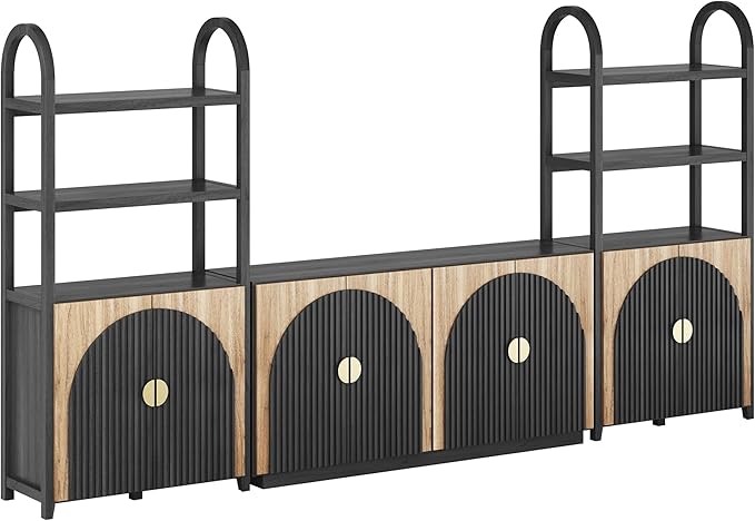 BELLEZE 4-Piece Modular Arched TV Stand Entertainment Center Set, Mid Century Modern 2 Piece 72″ Tall Storage Cabinets and 2 Piece 65″ Fluted TV Console for Living Room (Camel)