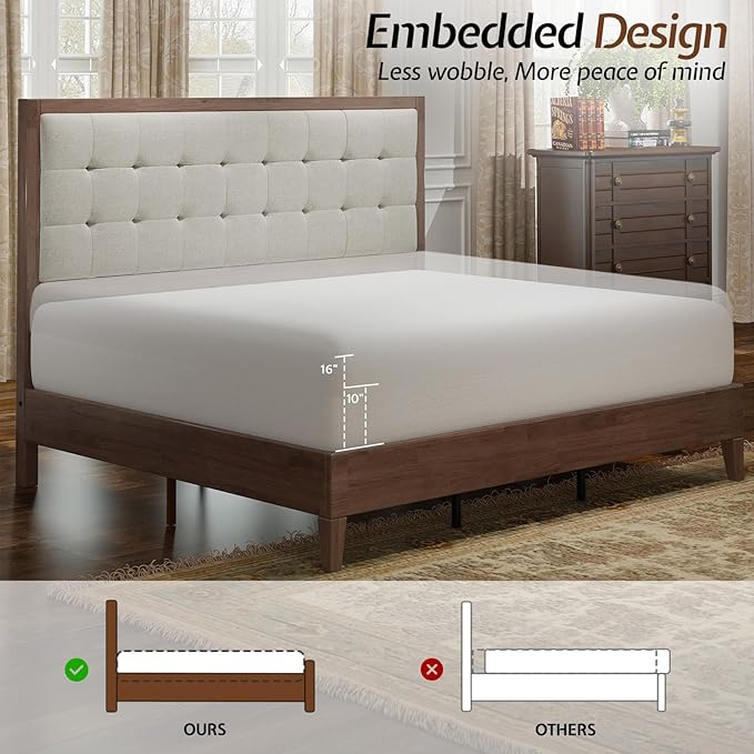 Jocisland Wood Full Size Bed Frame,Tall Upholstered Tufted Headboard, Solid Wood Platform, No Box Spring Needed, Walnut