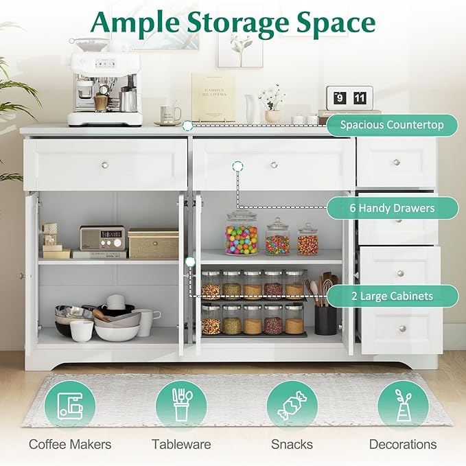 Giantex Large Buffet Cabinet with Storage, 59” Kitchen Cabinet with 4 Doors, 6 Drawers & 2 Adjustable Shelves, Modern Sideboard for Living Room, Coffee Bar, White